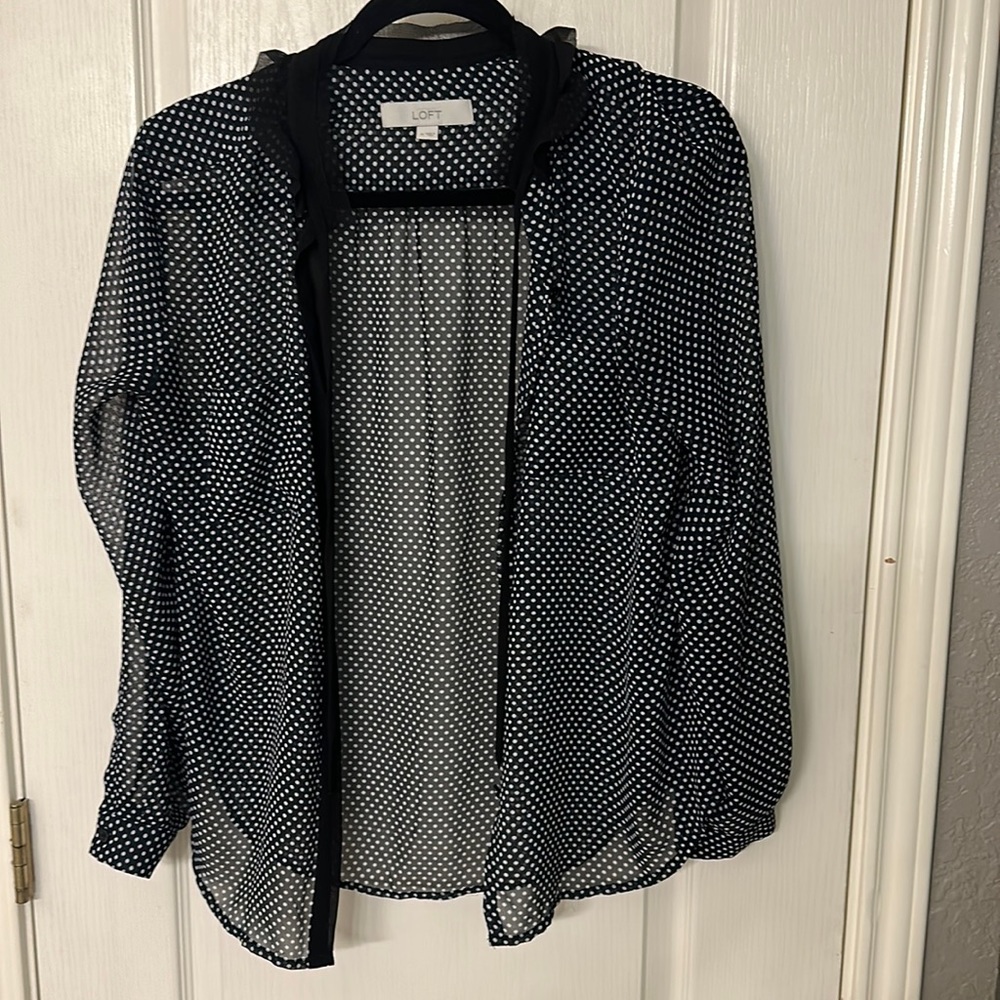 Loft Polka Dot Button Down Shirt Navy Blue Size M